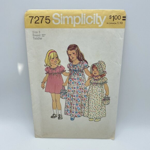Simplicity 7275 Toddler's Dress in Two Lengths Bonnet & Bag Size 3 Vintage Cut - Picture 1 of 5
